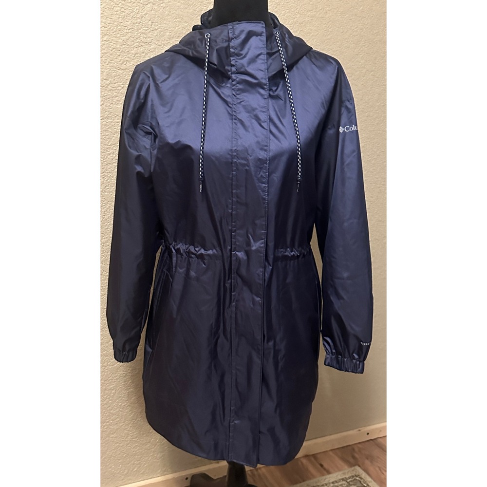 Columbia Women XS Navy Blue Long Rain Jacket Hooded Parka hiking Oceanside